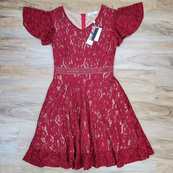 🩵NWT Miss May Cranberry Lace Nude Illusion Dress Medium - Picture 2 of 12
